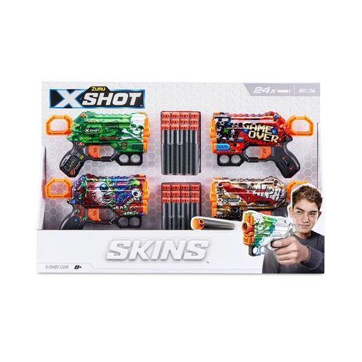 X-Shot Skins: Menace Blaster 4 Pack with 24 Darts
